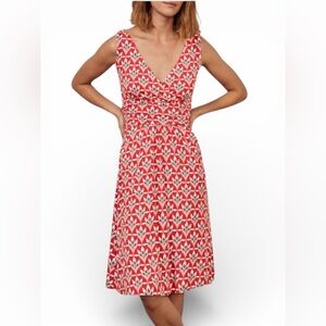 Boden Effie Red Orange Palm Print , Faux Wrap Ruched Jersey Knif Dress.Sz/2P